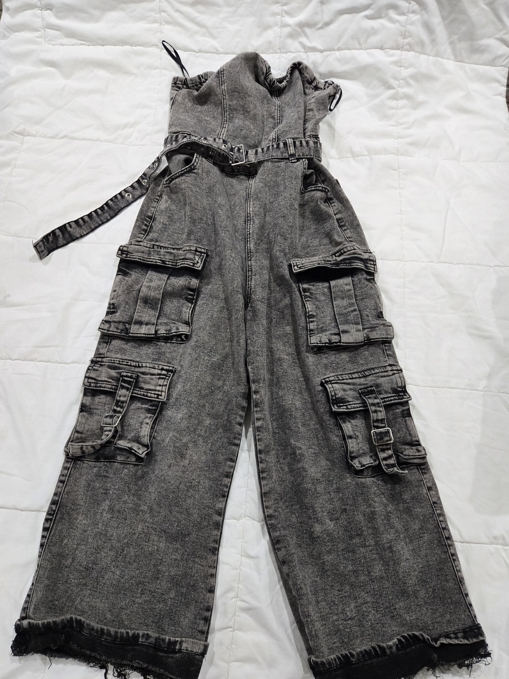 Washed Black Cargo Denim Overalls with Utility Pockets